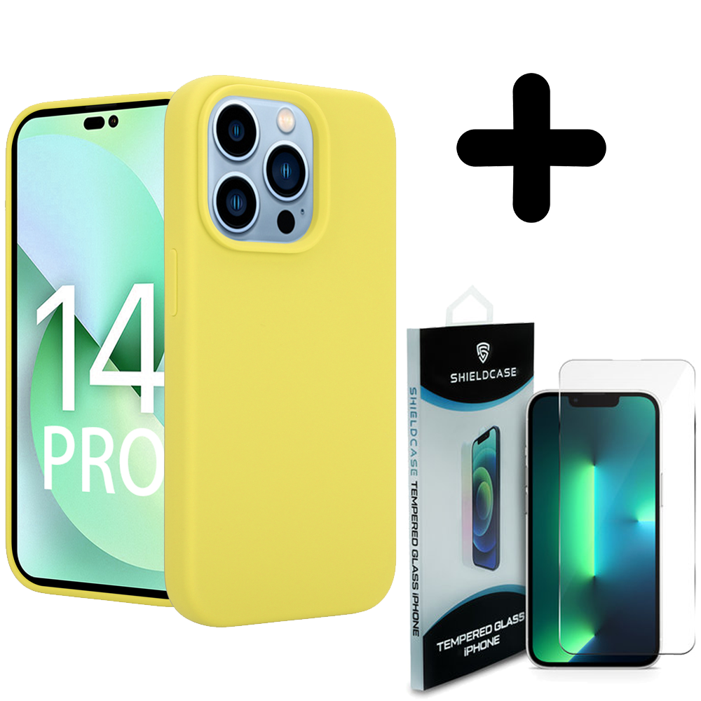 Coverzs Coverzs Luxe Liquid Silicone case geschikt voor iPhone 14 Pro (geel) + ShieldCase screenprotector - beschermglas iPhone bescherming - iPhone case bescherm hoesje + Screenprotector