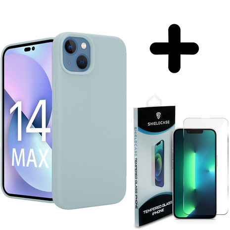 Coverzs Coverzs Luxe Liquid Silicone case geschikt voor iPhone 14 Plus (grijsblauw) + ShieldCase screenprotector - beschermglas iPhone bescherming - iPhone case bescherm hoesje + Screenprotector