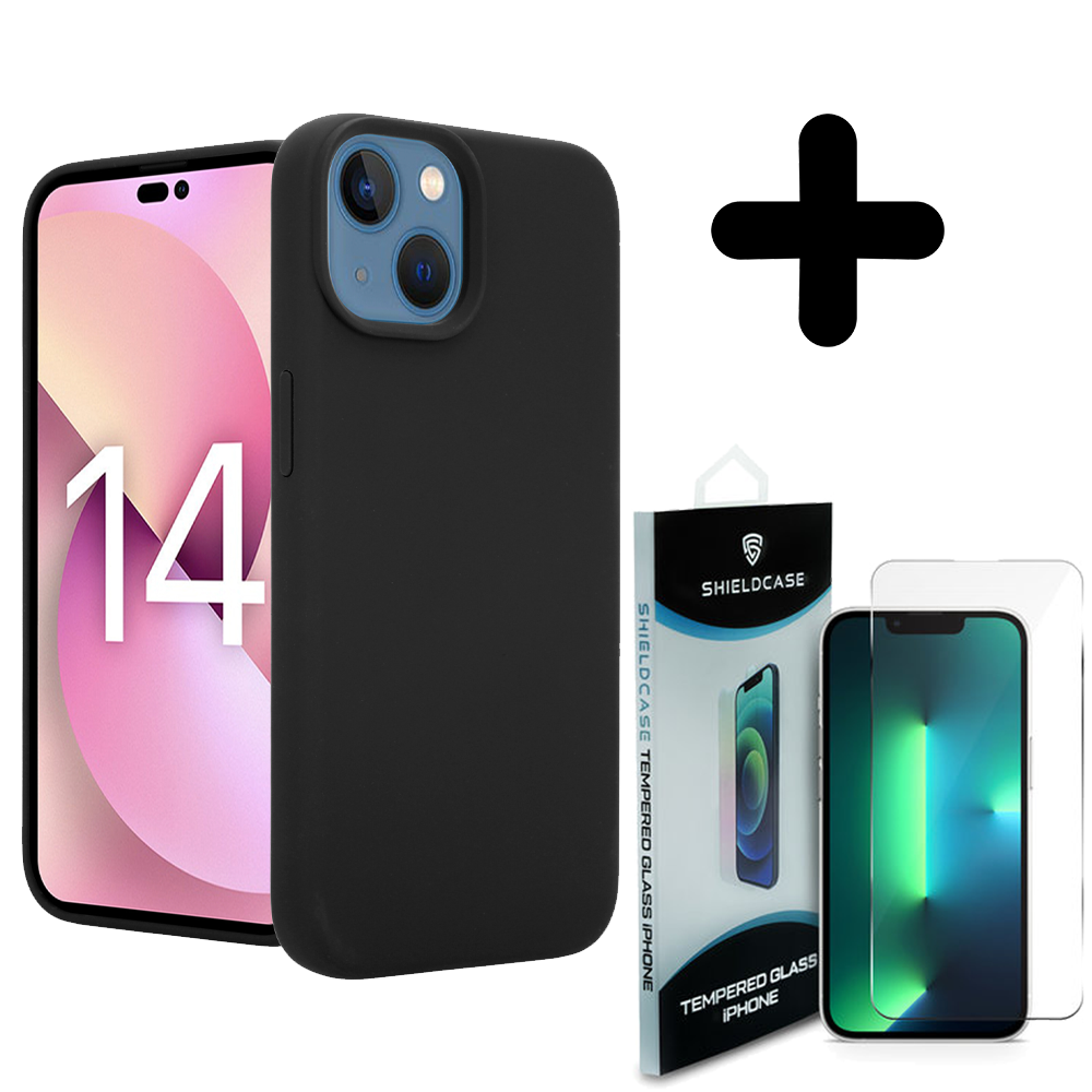 Coverzs Coverzs Luxe Liquid Silicone case geschikt voor iPhone 14 (zwart) + ShieldCase screenprotector - beschermglas iPhone bescherming - iPhone case bescherm hoesje + Screenprotector