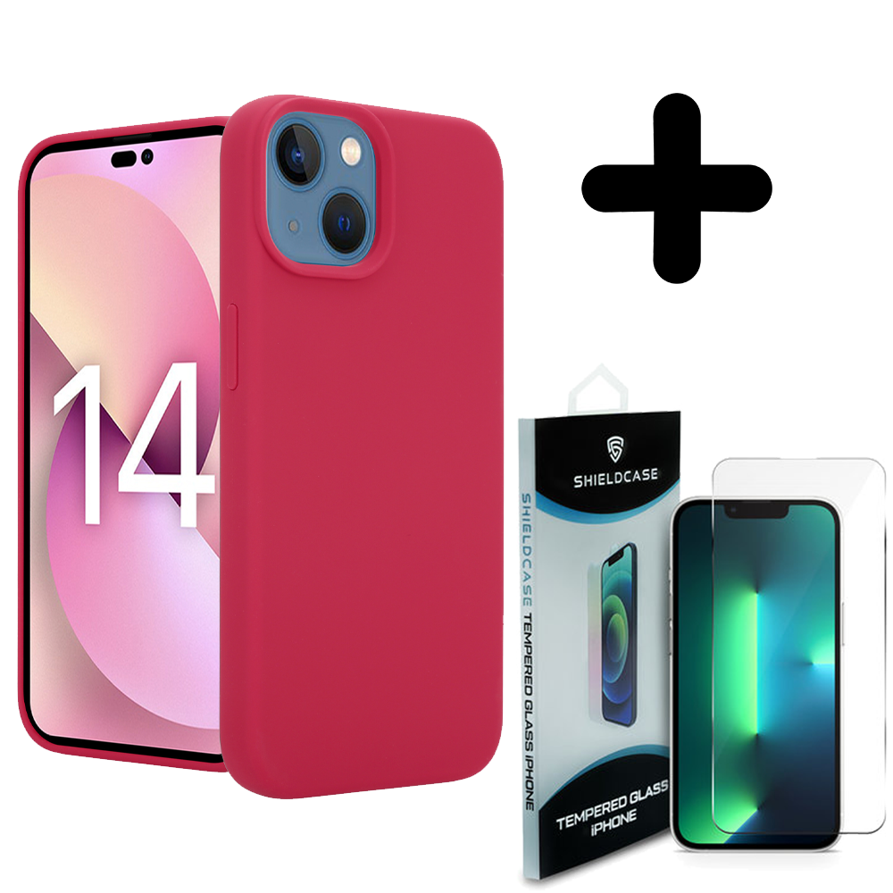 Coverzs Coverzs Luxe Liquid Silicone case geschikt voor iPhone 14 (rood) + ShieldCase screenprotector - beschermglas iPhone bescherming - iPhone case bescherm hoesje + Screenprotector