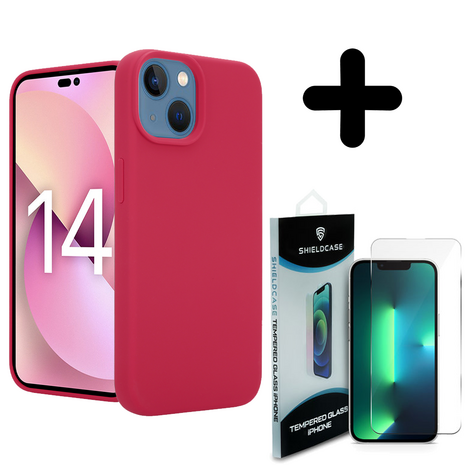 Coverzs Coverzs Luxe Liquid Silicone case geschikt voor iPhone 14 (rood) + ShieldCase screenprotector - beschermglas iPhone bescherming - iPhone case bescherm hoesje + Screenprotector