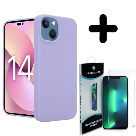 Coverzs Coverzs Luxe Liquid Silicone case geschikt voor iPhone 14 (paars) + ShieldCase screenprotector - beschermglas iPhone bescherming - iPhone case bescherm hoesje + Screenprotector