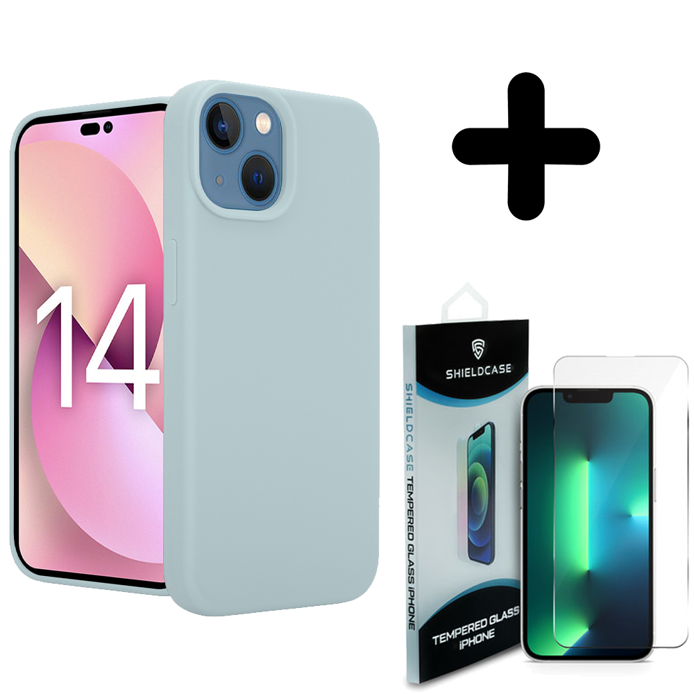 Coverzs Coverzs Luxe Liquid Silicone case geschikt voor iPhone 14 (grijsblauw) + ShieldCase screenprotector - beschermglas iPhone bescherming - iPhone case bescherm hoesje + Screenprotector