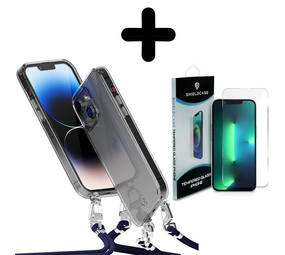 Coverzs 14 transparante case met koord (donkerblauw) + Screenprotector - Batch 1 (05-2023)