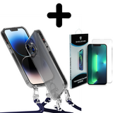 Coverzs 14 Pro transparante case met koord (donkerblauw) + Screenprotector - Batch 1 (05-2023)