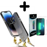 Coverzs 14 Pro transparante case met koord (aqua/roze) + Screenprotector - Batch 1 (05-2023)