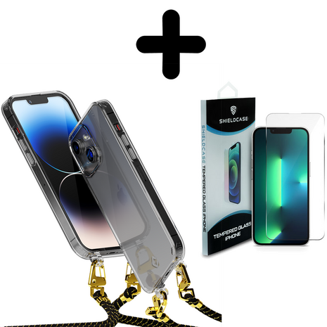 Coverzs Coverzs geschikt voor iPhone 14 Pro Max transparante case met koord (zwart/goud) + ShieldCase screenprotector - beschermglas iPhone bescherming - iPhone case bescherm hoesje + Screenprotector