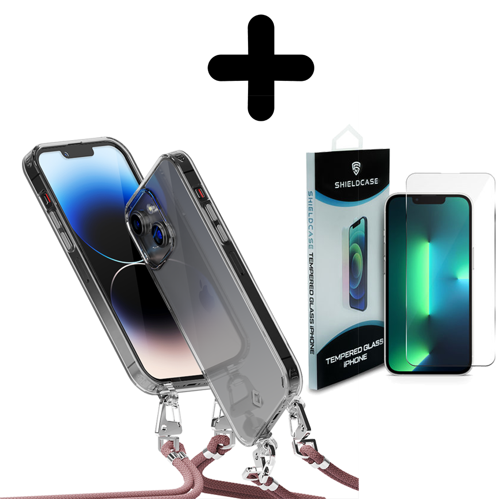 Coverzs Coverzs geschikt voor iPhone 14 Pro Max transparante case met koord (roze) + ShieldCase screenprotector - beschermglas iPhone bescherming - iPhone case bescherm hoesje + Screenprotector