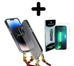 Coverzs 14 Pro Max transparante case met koord (donkerrood) + Screenprotector - Batch 1 (05-2023)