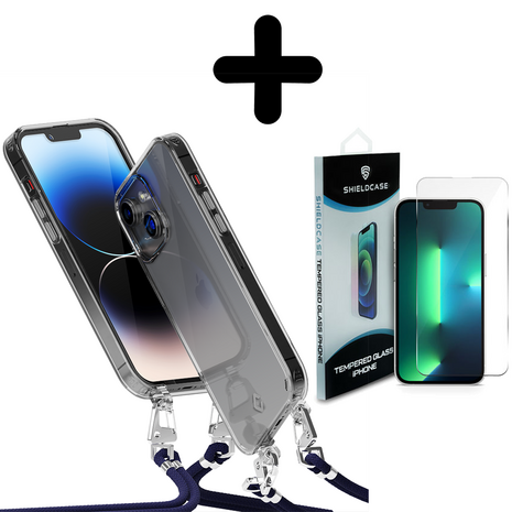Coverzs Coverzs geschikt voor iPhone 14 Plus transparante case met koord (donkerblauw) + ShieldCase screenprotector - beschermglas iPhone bescherming - iPhone case bescherm hoesje + Screenprotector