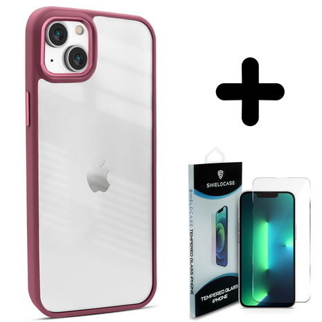 Coverzs Coverzs geschikt voor iPhone 14 solid bumper hoesje mat (bordeaux) + ShieldCase screenprotector - beschermglas iPhone bescherming - iPhone case bescherm hoesje + Screenprotector