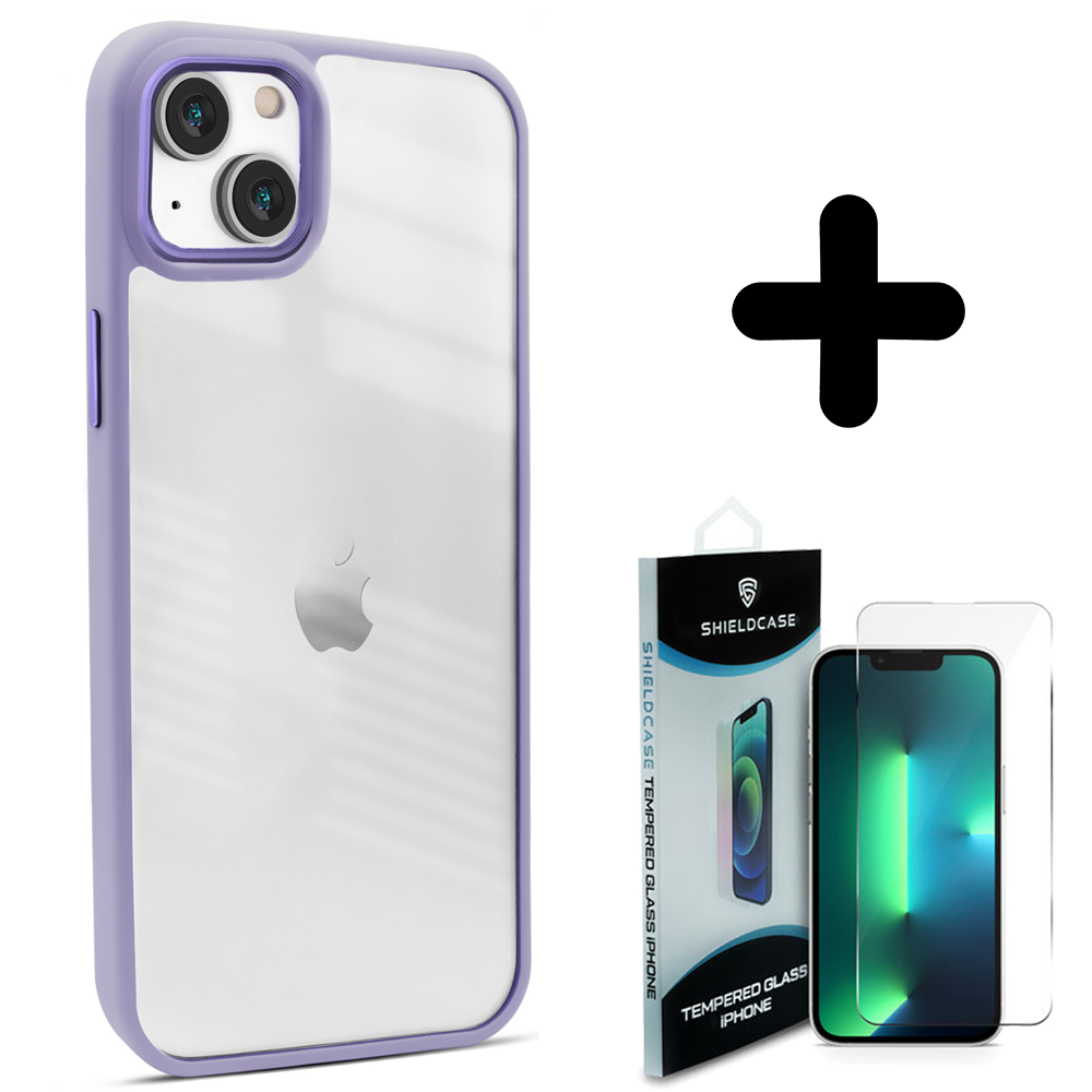 Coverzs Coverzs geschikt voor iPhone 14 Pro solid bumper hoesje mat (paars) + ShieldCase screenprotector - beschermglas iPhone bescherming - iPhone case bescherm hoesje + Screenprotector