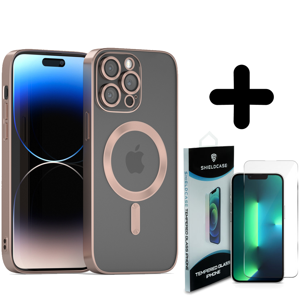 Coverzs Coverzs geschikt voor iPhone 14 Pro Max Magsafe hoesje met camera cover (rosé goud) + ShieldCase screenprotector - beschermglas iPhone bescherming - iPhone case bescherm hoesje + Screenprotector