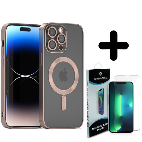 Coverzs Coverzs geschikt voor iPhone 14 Pro Max Magsafe hoesje met camera cover (rosé goud) + ShieldCase screenprotector - beschermglas iPhone bescherming - iPhone case bescherm hoesje + Screenprotector
