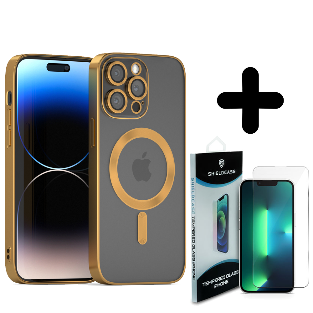 Coverzs Coverzs geschikt voor iPhone 14 Pro Max Magsafe hoesje met camera cover (goud) + ShieldCase screenprotector - beschermglas iPhone bescherming - iPhone case bescherm hoesje + Screenprotector