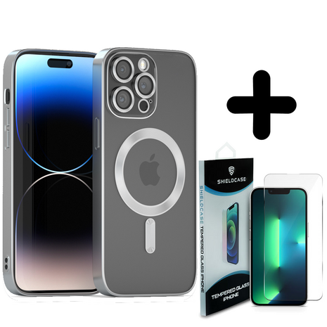 Coverzs Coverzs geschikt voor iPhone 14 Pro Magsafe hoesje met camera cover (zilver) + ShieldCase screenprotector - beschermglas iPhone bescherming - iPhone case bescherm hoesje + Screenprotector
