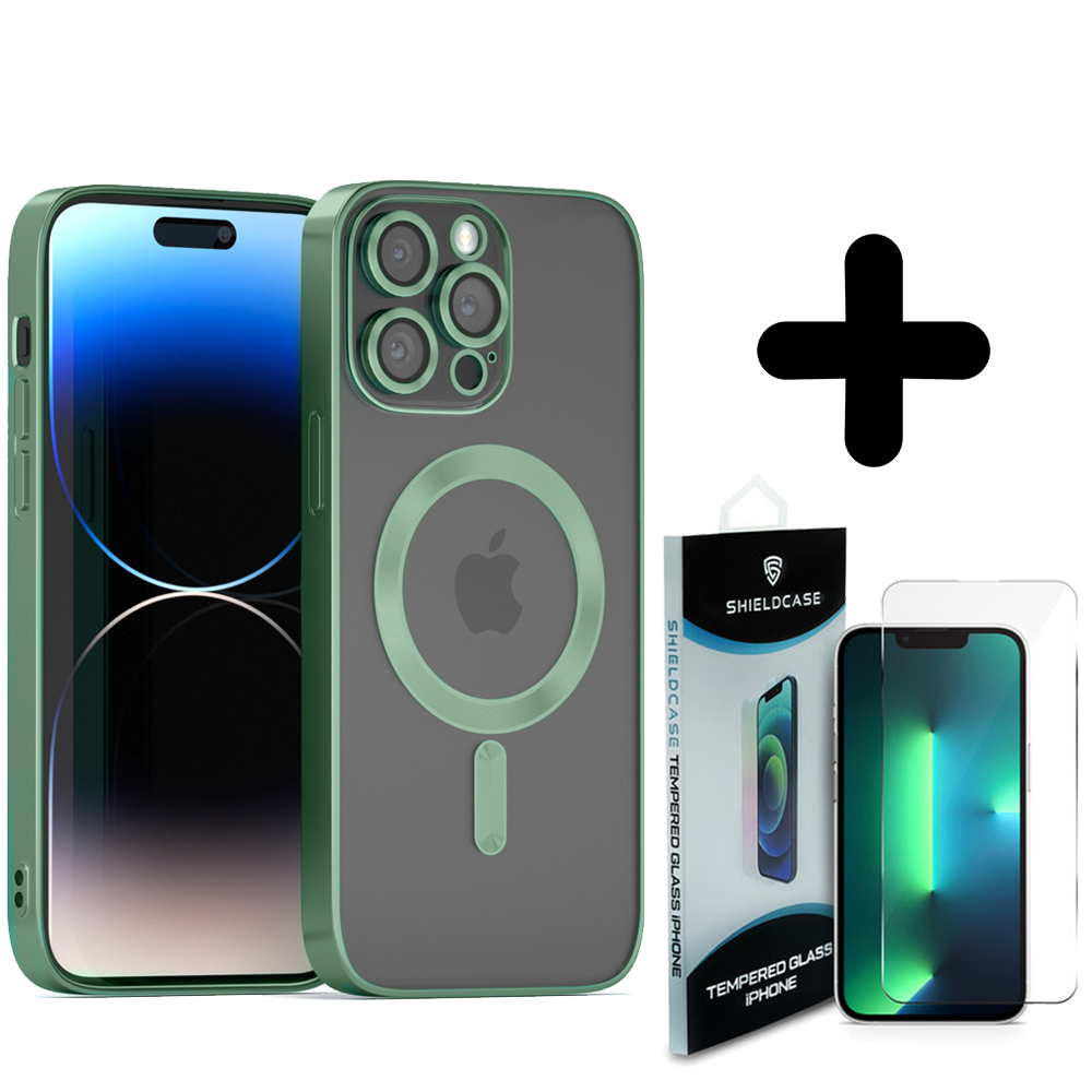 Coverzs Coverzs geschikt voor iPhone 14 Pro Magsafe hoesje met camera cover (donkergroen) + ShieldCase screenprotector - beschermglas iPhone bescherming - iPhone case bescherm hoesje + Screenprotector