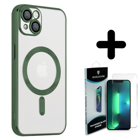 Coverzs Coverzs geschikt voor iPhone 14 Plus Magsafe hoesje met camera cover (donkergroen) + ShieldCase screenprotector - beschermglas iPhone bescherming - iPhone case bescherm hoesje + Screenprotector