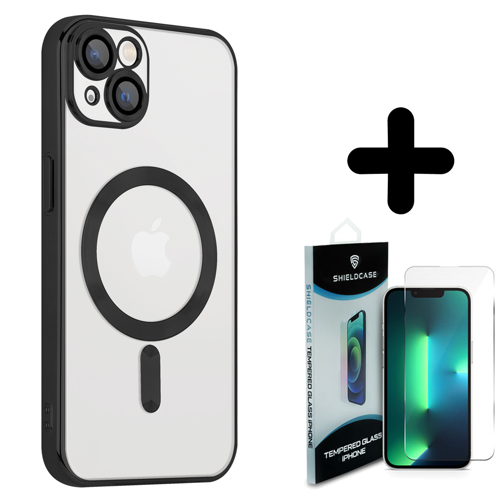 Coverzs Coverzs geschikt voor iPhone 14 Magsafe hoesje met camera cover (zwart) + ShieldCase screenprotector - beschermglas iPhone bescherming - iPhone case bescherm hoesje + Screenprotector