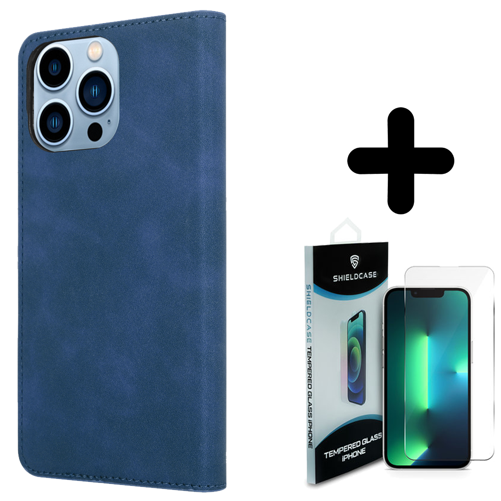 Coverzs Coverzs geschikt voor iPhone 14 Pro Max Luxe bookcase (blauw) + ShieldCase screenprotector - beschermglas iPhone bescherming - iPhone case bescherm hoesje + Screenprotector