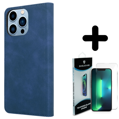 Coverzs Coverzs geschikt voor iPhone 14 Pro Max Luxe bookcase (blauw) + ShieldCase screenprotector - beschermglas iPhone bescherming - iPhone case bescherm hoesje + Screenprotector
