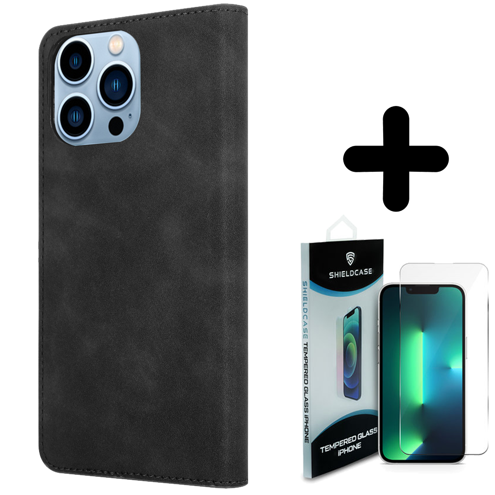 Coverzs Coverzs geschikt voor iPhone 14 Pro Luxe bookcase (zwart) + ShieldCase screenprotector - beschermglas iPhone bescherming - iPhone case bescherm hoesje + Screenprotector