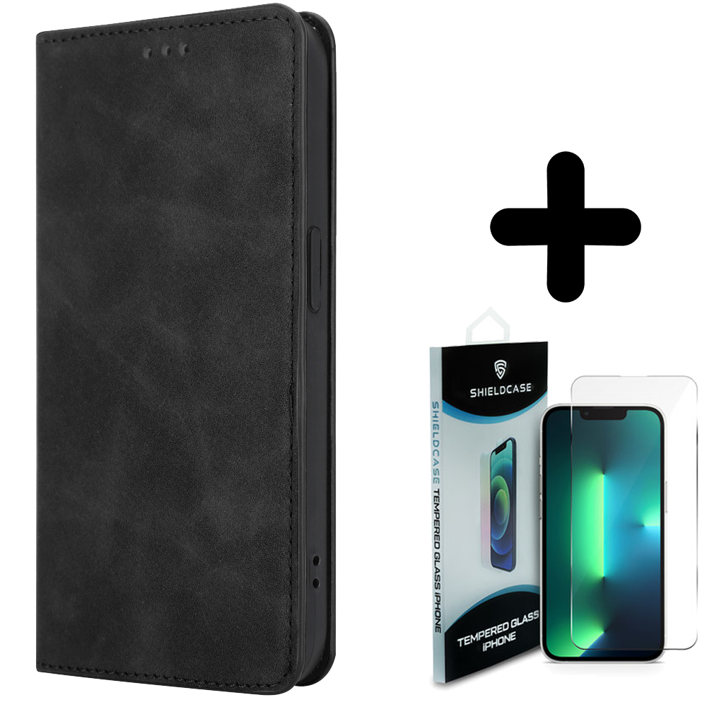 Coverzs Coverzs geschikt voor iPhone 14 Plus Luxe bookcase (zwart) + ShieldCase screenprotector - beschermglas iPhone bescherming - iPhone case bescherm hoesje + Screenprotector