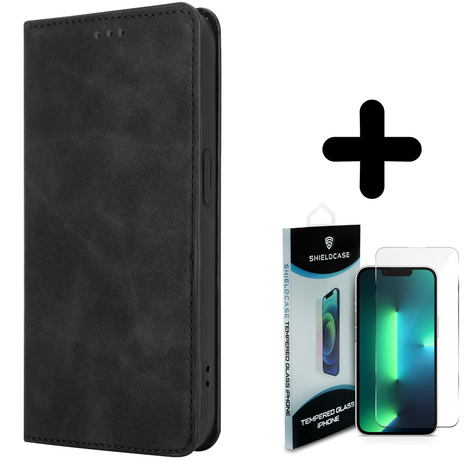 Coverzs Coverzs geschikt voor iPhone 14 Plus Luxe bookcase (zwart) + ShieldCase screenprotector - beschermglas iPhone bescherming - iPhone case bescherm hoesje + Screenprotector