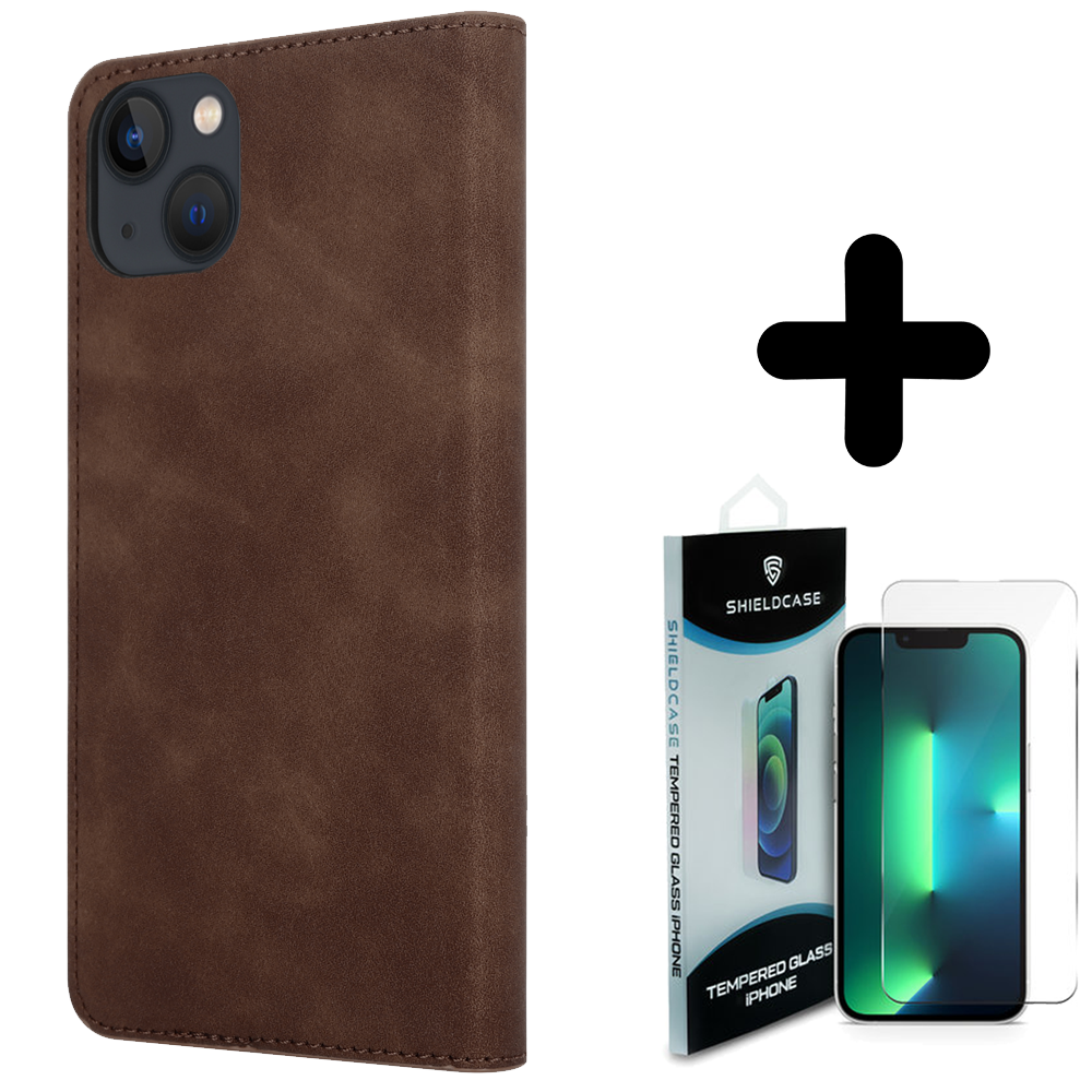 Coverzs Coverzs geschikt voor iPhone 14 Plus Luxe bookcase (donkerbruin) + ShieldCase screenprotector - beschermglas iPhone bescherming - iPhone case bescherm hoesje + Screenprotector