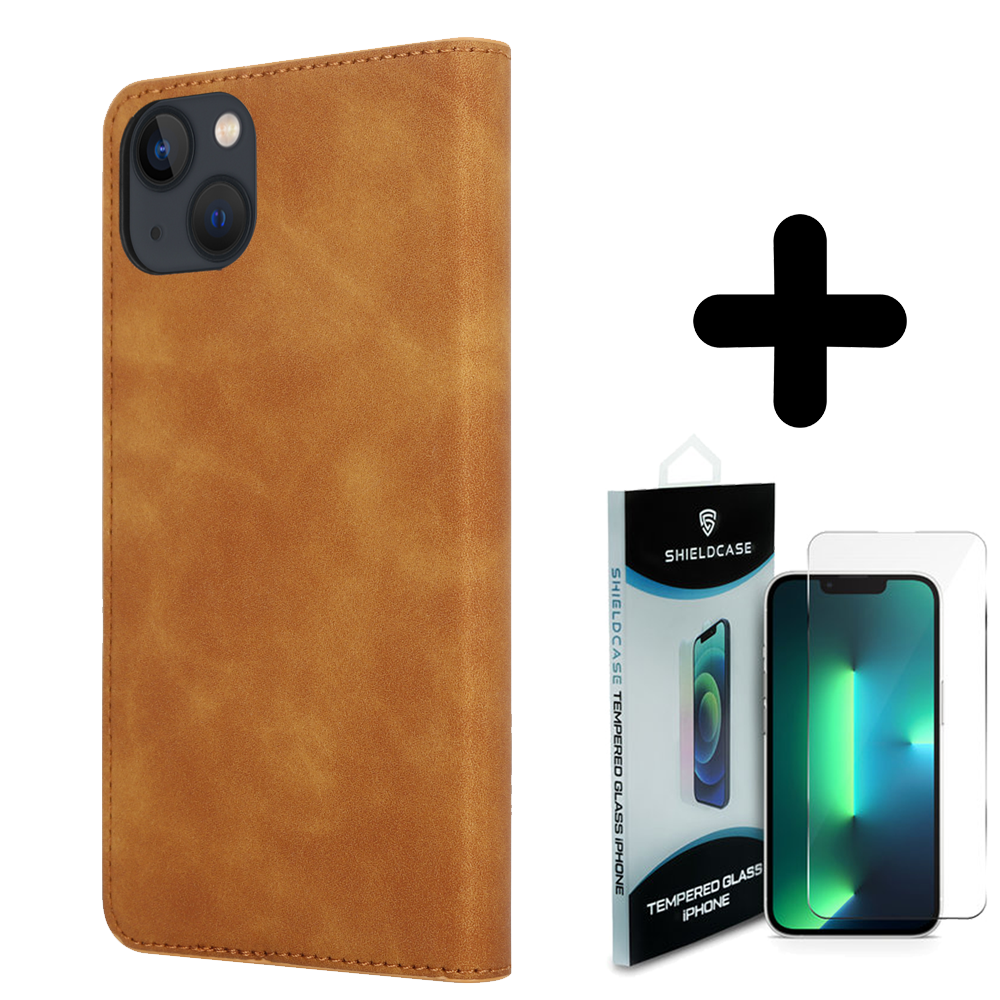 Coverzs Coverzs geschikt voor iPhone 14 Plus Luxe bookcase (bruin) + ShieldCase screenprotector - beschermglas iPhone bescherming - iPhone case bescherm hoesje + Screenprotector