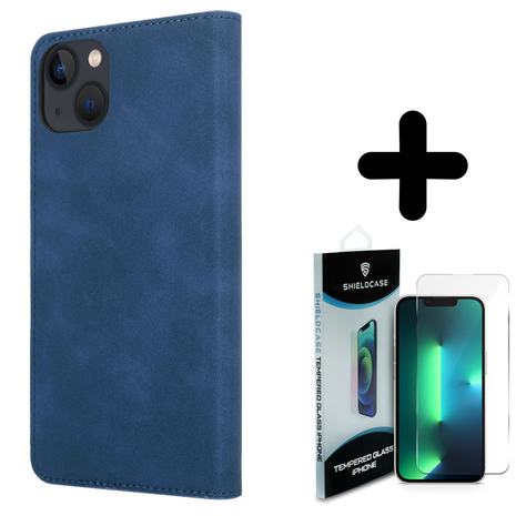 Coverzs Coverzs geschikt voor iPhone 14 Plus Luxe bookcase (blauw) + ShieldCase screenprotector - beschermglas iPhone bescherming - iPhone case bescherm hoesje + Screenprotector