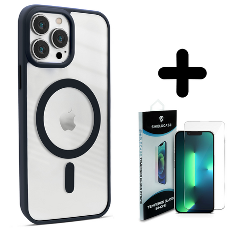 Coverzs Coverzs geschikt voor iPhone 14 Pro hoesje Magsafe mat (donkerblauw) + ShieldCase screenprotector - beschermglas iPhone bescherming - iPhone case bescherm hoesje + Screenprotector