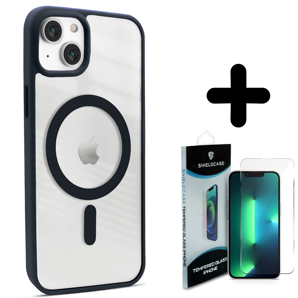 Coverzs Coverzs geschikt voor iPhone 14 hoesje Magsafe mat (donkerblauw) + ShieldCase screenprotector - beschermglas iPhone bescherming - iPhone case bescherm hoesje + Screenprotector