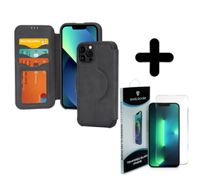 Coverzs 14 Pro Max hoesje leer bookcase Magsafe (zwart) + Screenprotector - Batch 1 (05-2023)