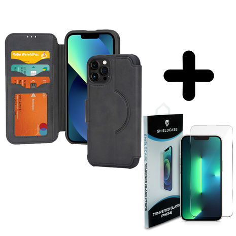 Coverzs Coverzs geschikt voor iPhone 14 Pro Max hoesje leer bookcase Magsafe (zwart) + ShieldCase screenprotector - beschermglas iPhone bescherming - iPhone case bescherm hoesje + Screenprotector