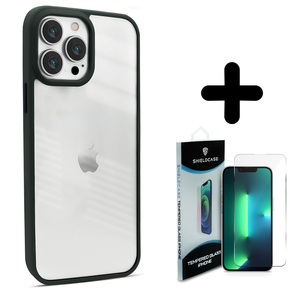 Coverzs Coverzs geschikt voor iPhone 14 Pro Max hoesje acryl rand mat (groen) + ShieldCase screenprotector - beschermglas iPhone bescherming - iPhone case bescherm hoesje + Screenprotector