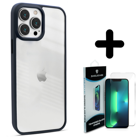 Coverzs Coverzs geschikt voor iPhone 14 Pro Max hoesje acryl rand mat (donkerblauw) + ShieldCase screenprotector - beschermglas iPhone bescherming - iPhone case bescherm hoesje + Screenprotector
