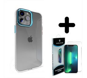Coverzs 14 Pro Max hard case met metalen camera bumper (blauw) + Screenprotector - Batch 1 (05-2023)