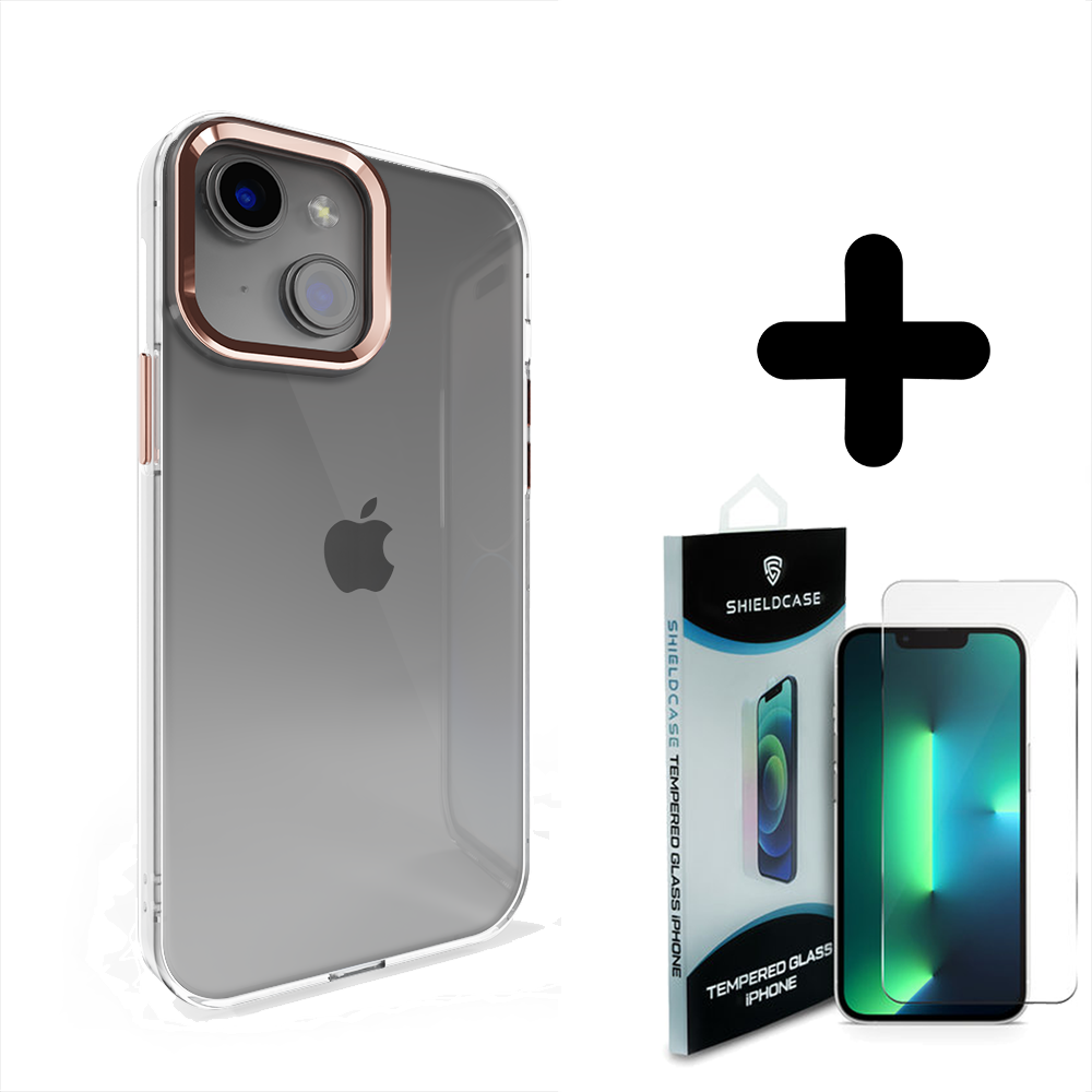 Coverzs Coverzs geschikt voor iPhone 14 Plus hard case met metalen camera bumper (roze) + ShieldCase screenprotector - beschermglas iPhone bescherming - iPhone case bescherm hoesje + Screenprotector