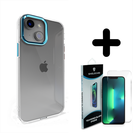 Coverzs Coverzs geschikt voor iPhone 14 hard case met metalen camera bumper (blauw) + ShieldCase screenprotector - beschermglas iPhone bescherming - iPhone case bescherm hoesje + Screenprotector