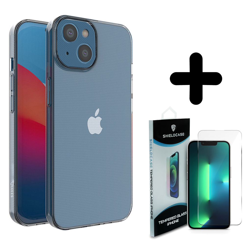 Ceezs Ceezs Siliconen hoesje met camerabescherming geschikt voor iPhone 14 transparant + ShieldCase screenprotector - beschermglas iPhone bescherming - iPhone case bescherm hoesje + Screenprotector