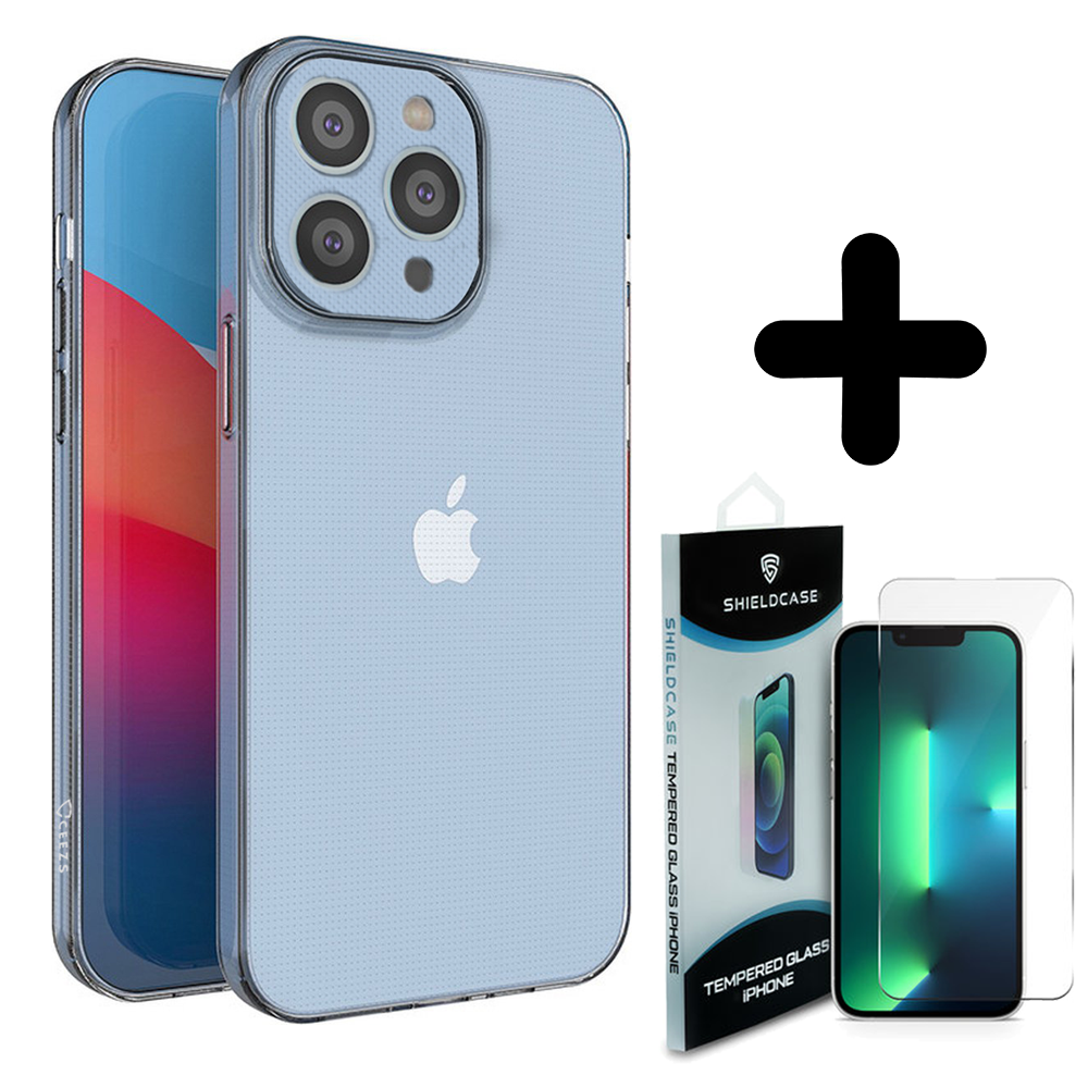 Ceezs Ceezs Siliconen hoesje met camerabescherming geschikt voor iPhone 14 Pro transparant + ShieldCase screenprotector - beschermglas iPhone bescherming - iPhone case bescherm hoesje + Screenprotector
