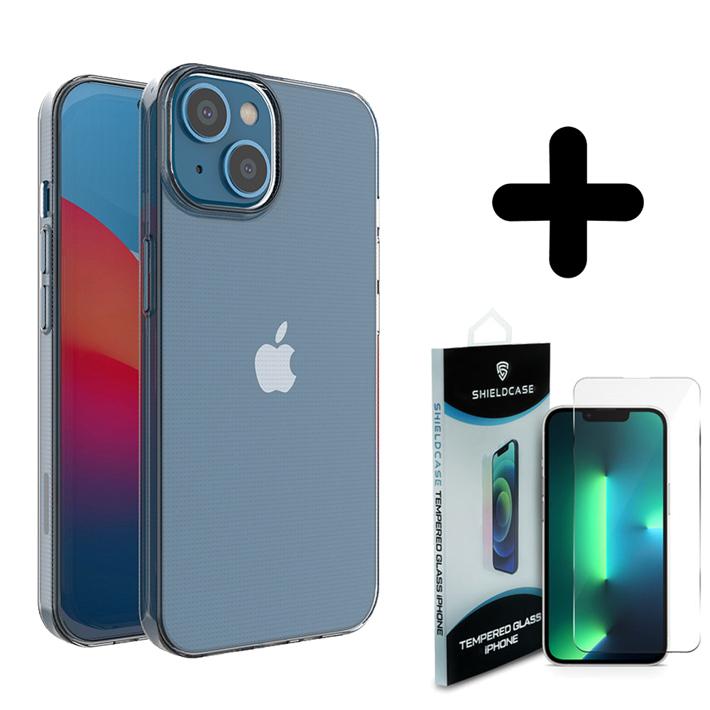Ceezs Ceezs geschikt voor iPhone 14 ultra thin siliconen hoesje transparant + ShieldCase screenprotector - beschermglas iPhone bescherming - iPhone case bescherm hoesje + Screenprotector