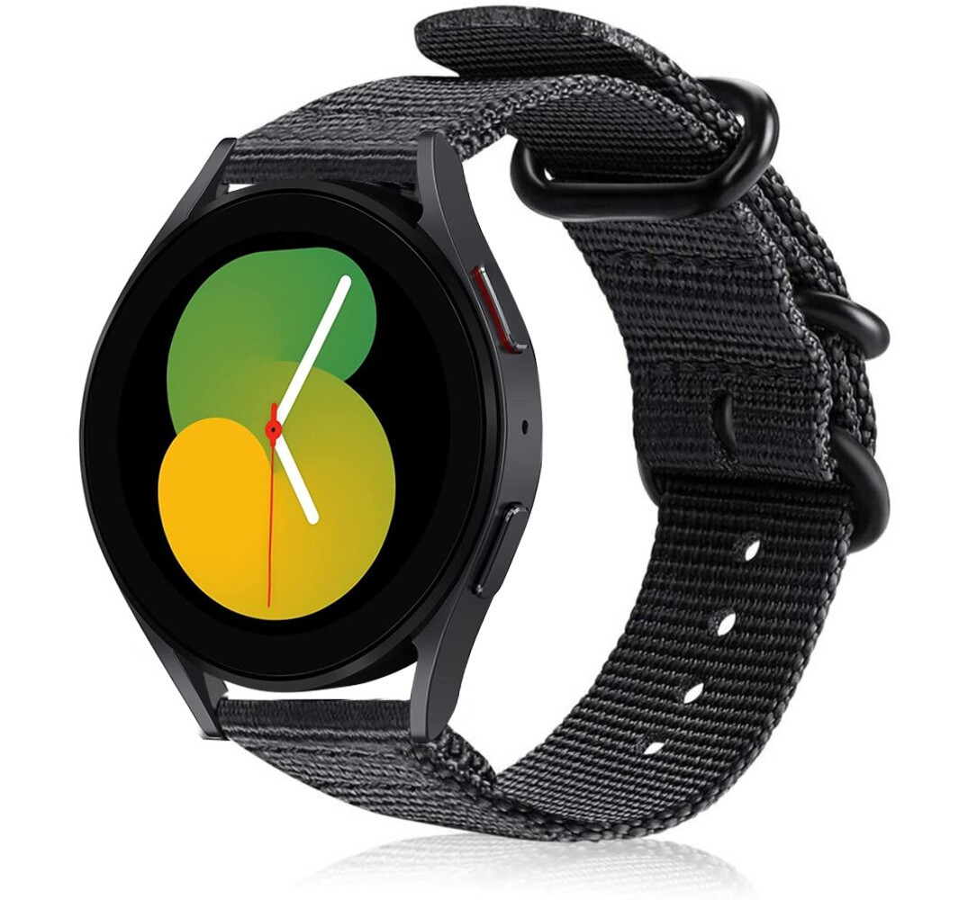 Strap-it Strap-it Bandje geschikt voor Samsung Galaxy Watch 5 (40mm / 44mm / Pro) bandje nylon gesp band (zwart)  - Incl. Oplader geschikt voor Samsung Galaxy Watch 5 40 mm / 44 mm / Pro (oplaadkabel)
