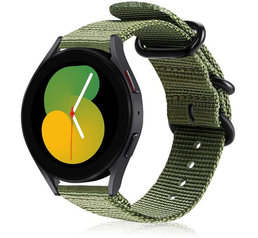 Strap-it Strap-it Bandje geschikt voor Samsung Galaxy Watch 5 (40mm / 44mm / Pro) bandje nylon gesp band (groen) - Incl. Oplader geschikt voor Samsung Galaxy Watch 5 40 mm / 44 mm / Pro (oplaadkabel)