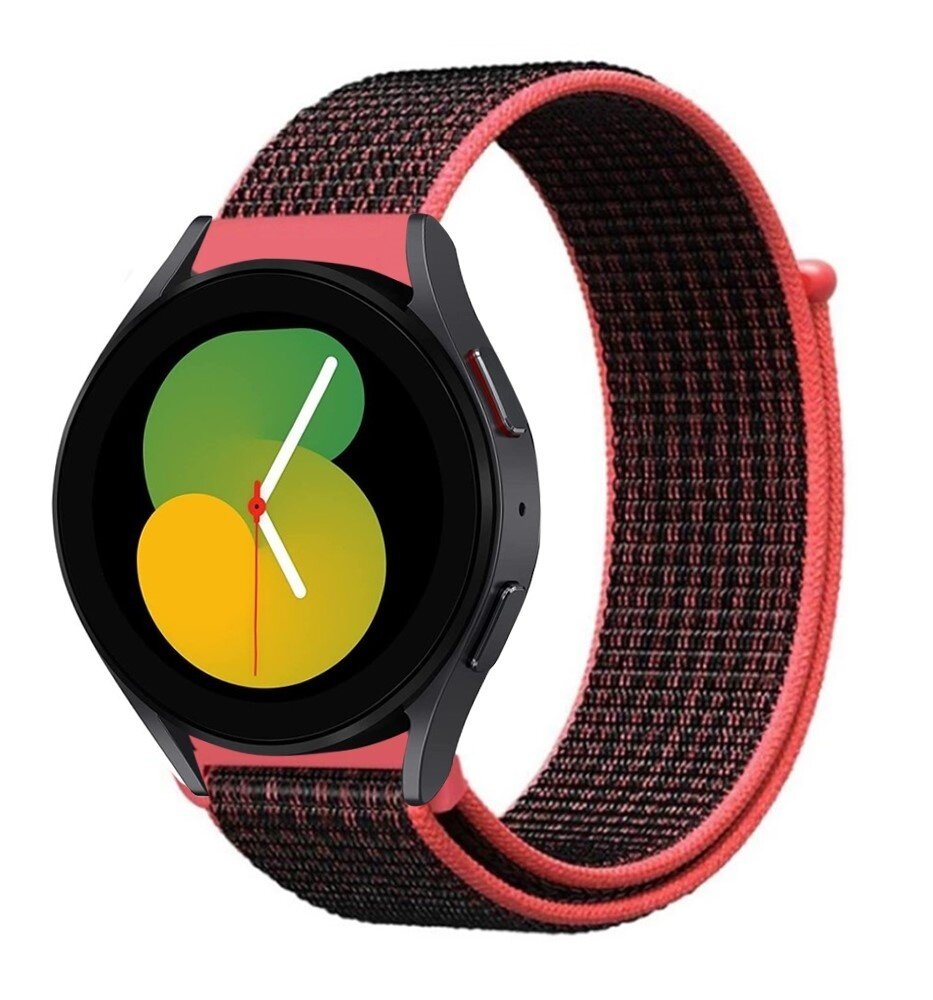 Strap-it Strap-it Bandje geschikt voor Samsung Galaxy Watch 5 (40mm / 44mm / Pro) bandje nylon band (zwart/koraal) - Incl. Oplader geschikt voor Samsung Galaxy Watch 5 40 mm / 44 mm / Pro (oplaadkabel)