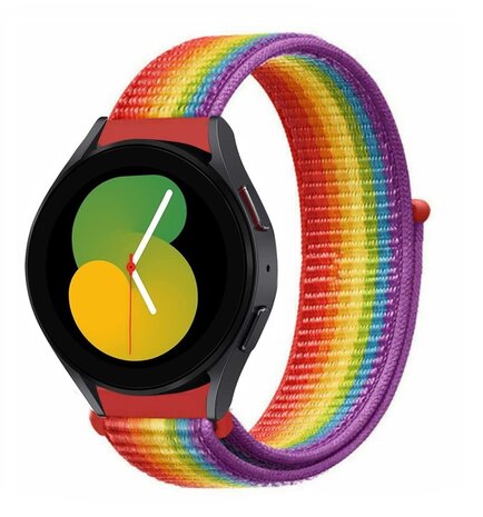 Strap-it Strap-it Bandje geschikt voor Samsung Galaxy Watch 5 (40mm / 44mm / Pro) bandje nylon band (regenboog) - Incl. Oplader geschikt voor Samsung Galaxy Watch 5 40 mm / 44 mm / Pro (oplaadkabel)