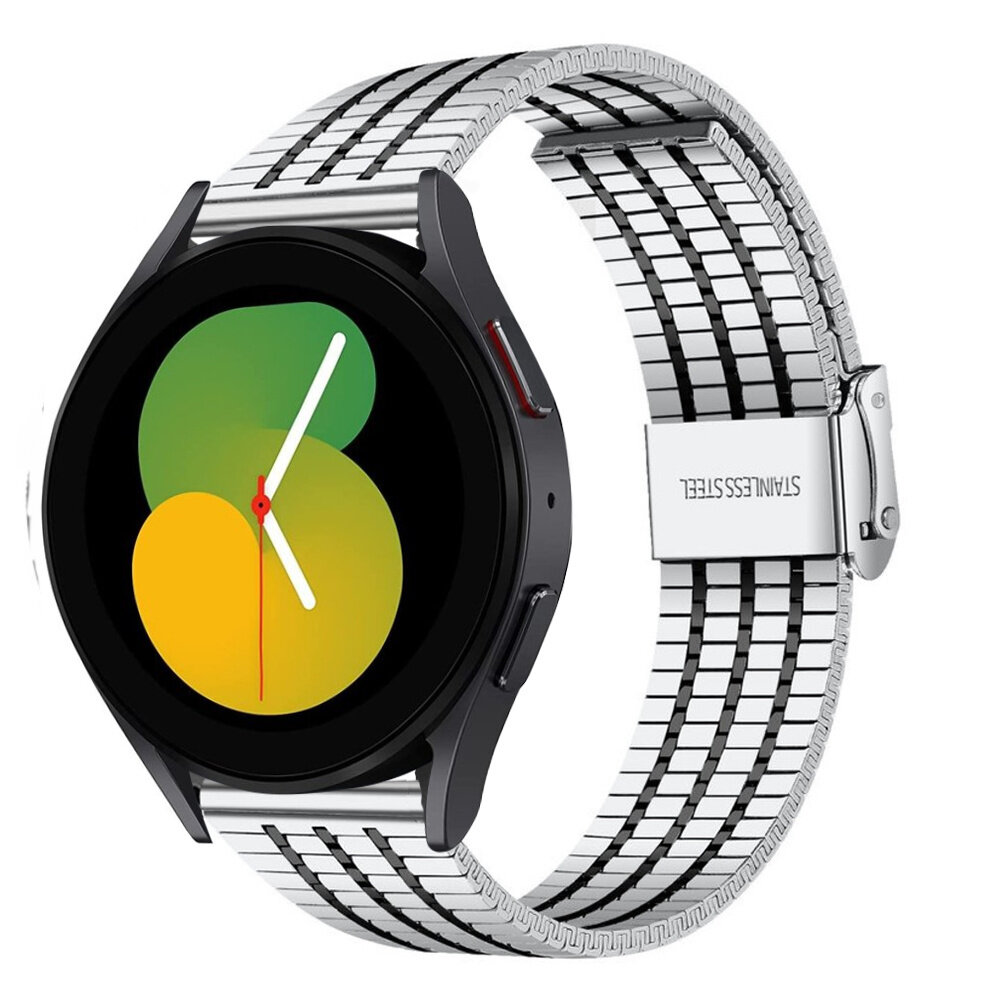 Strap-it Strap-it Bandje geschikt voor Samsung Galaxy Watch 5 (40mm / 44mm / Pro) bandje roestvrij stalen band (zilver/zwart) - Incl. Oplader geschikt voor Samsung Galaxy Watch 5 40 mm / 44 mm / Pro (oplaadkabel)