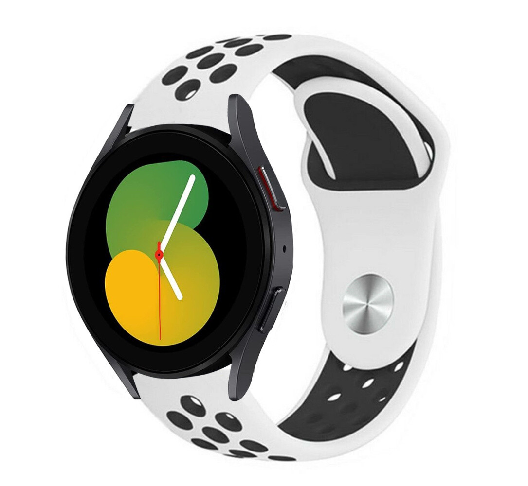 Strap-it Strap-it Bandje geschikt voor Samsung Galaxy Watch 5 (40mm / 44mm / Pro) bandje sport band (wit/zwart) - Incl. Oplader geschikt voor Samsung Galaxy Watch 5 40 mm / 44 mm / Pro (oplaadkabel)