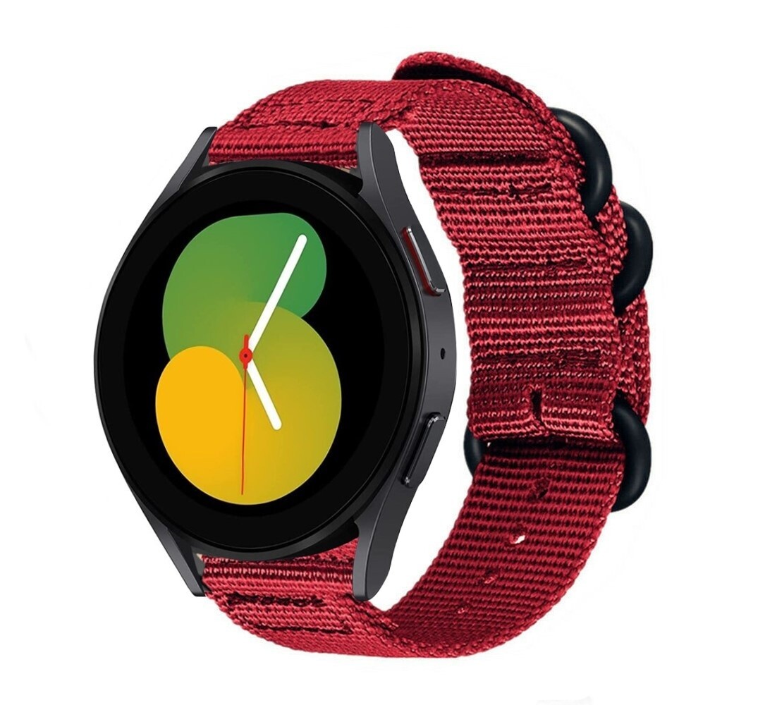 Strap-it Strap-it Bandje geschikt voor Samsung Galaxy Watch 5 (40mm / 44mm / Pro) bandje nylon gesp band (rood)  - Incl. Oplader geschikt voor Samsung Galaxy Watch 5 40 mm / 44 mm / Pro (oplaadkabel)